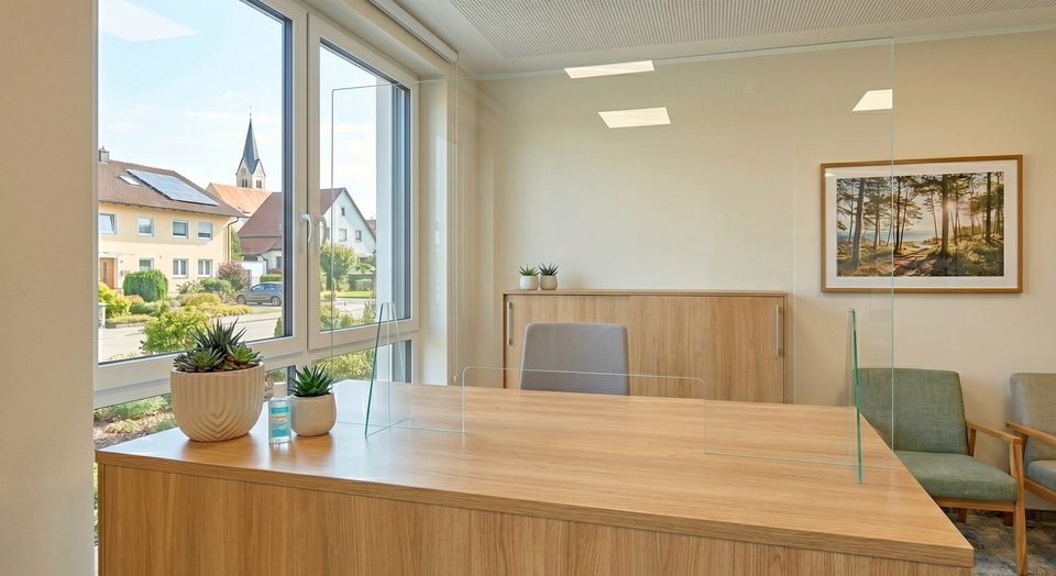 Empfangstresen mit streifenfreier Glasscheibe, sauberen Bildschirmen und keimfrei abgewischten Kontaktfl&auml;chen