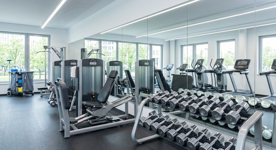 Fitness&shy;studio mit desinfizierten Ger&auml;ten, sauberen Hanteln und staubfreien Spiegel&shy;w&auml;nden