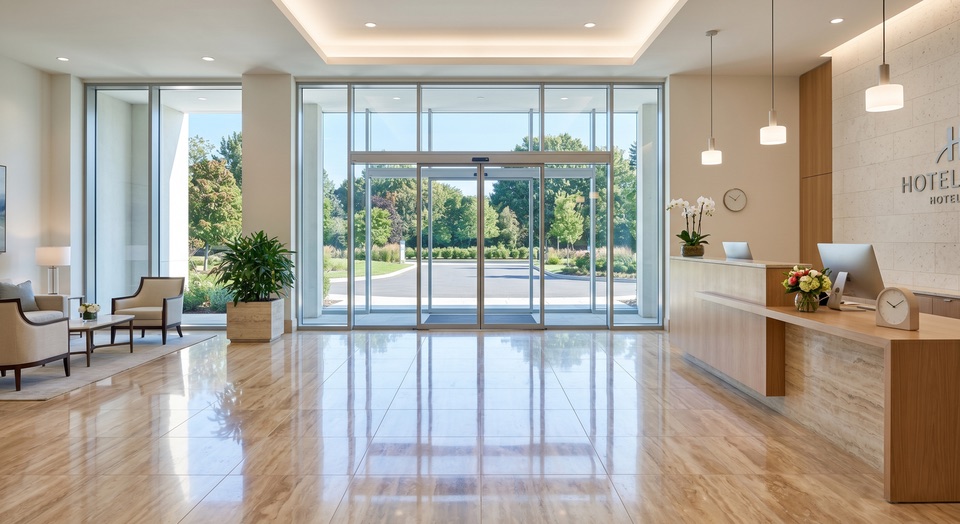 Lobby mit glänzenden Natursteinböden, streifenfreier Eingangsverglasung und sauberer Rezeption