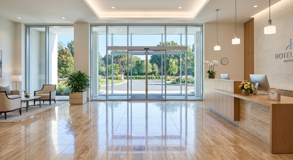 Lobby mit gl&auml;nzenden Natursteinb&ouml;den, streifenfreier Eingangsverglasung und sauberer Rezeption