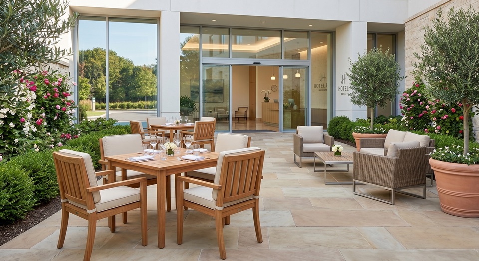 Hotel-Terrasse mit gereinigten Stühlen und Tischen, gekehrtem Steinboden und gepflegten Pflanzen