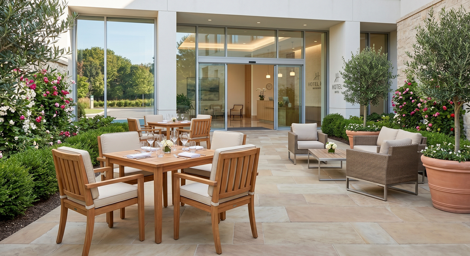 Hotel-Terrasse mit gereinigten St&uuml;hlen und Tischen, gekehrtem Steinboden und gepflegten Pflanzen