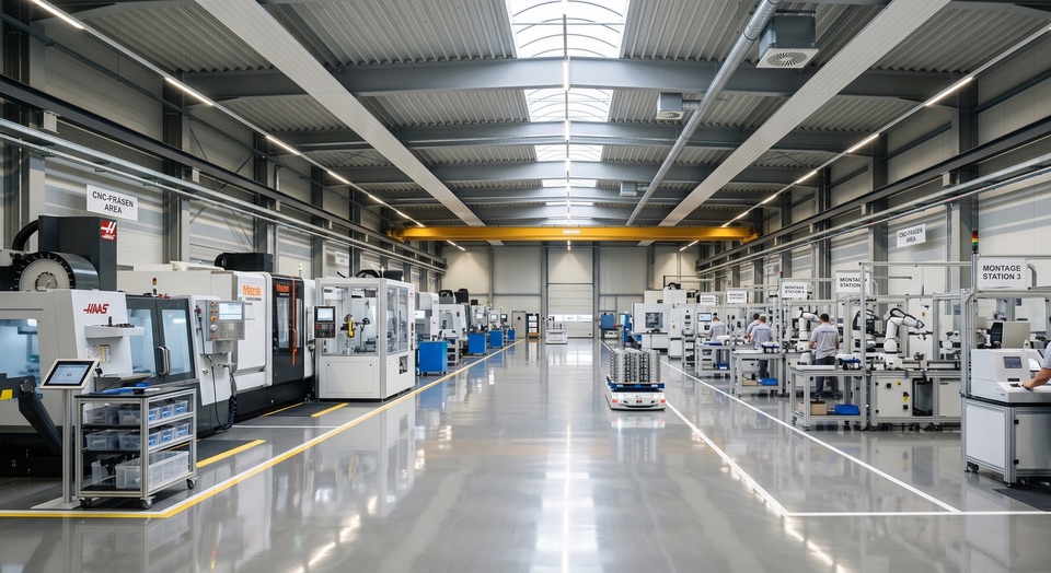 Gro&szlig;fl&auml;chige Produktions&shy;halle mit gl&auml;nzendem Industrieboden und ordentlich parkierten Maschinen