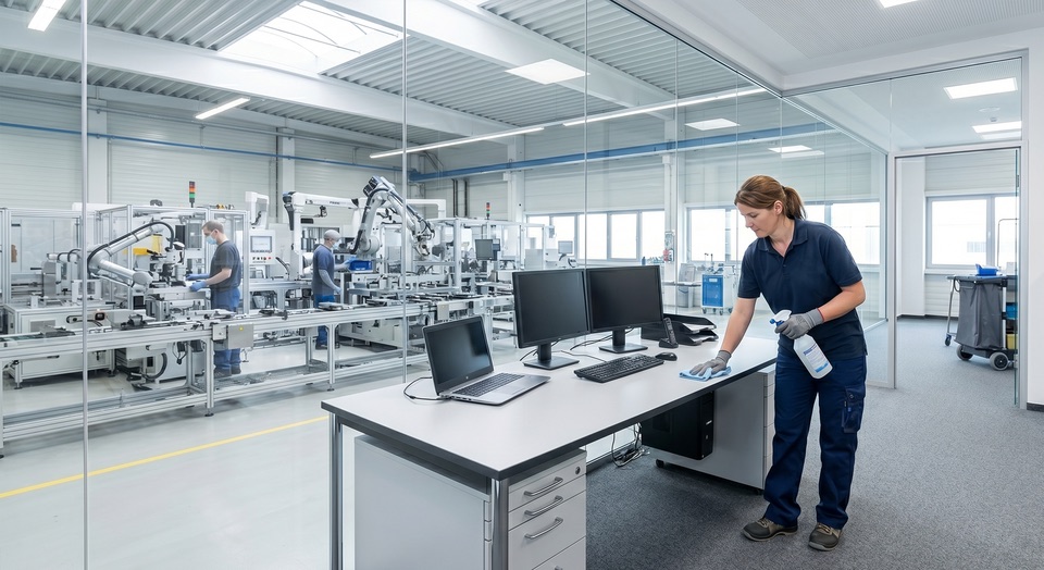 Produktions&shy;begleitende B&uuml;ros mit gewischten Schreibtischen, sauberer Verglasung und gesaugtem Boden