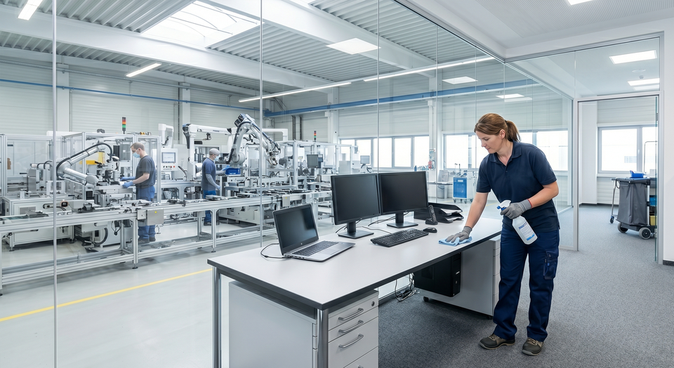 Produktions&shy;begleitende B&uuml;ros mit gewischten Schreibtischen, sauberer Verglasung und gesaugtem Boden