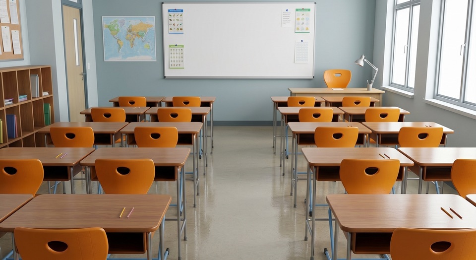 Aufgeräumtes Klassenzimmer mit sauberen Tischen, gewischten Stühlen und frisch gewischtem Boden